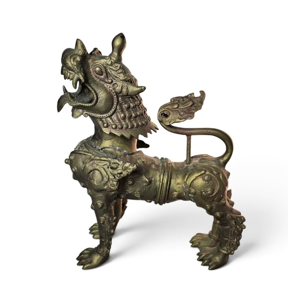 Vintage Burmese Chinthe Leogryph Brass Statue Myanmar Temple Guardian Lion